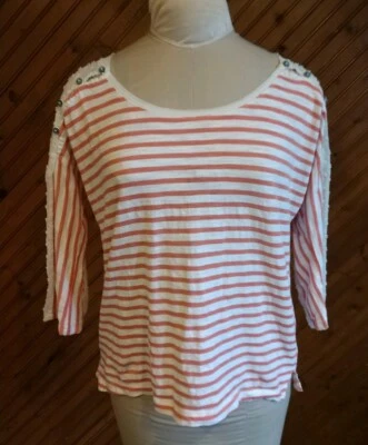 Top tejido Little Yellow Button para mujer talla M naranja blanco rayas manga 3/4 transparente Foto 1 de 4