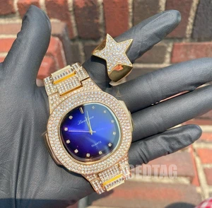 MEN HIP HOP ICED GOLD PT HIP HOP LAB DIAMOND BLING OUT WATCH, PINK STAR RING SET - Picture 1 of 23