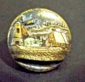Antique Metal Building/Scene Button - Windmill - Tinted Green & Gold (4251) - Picture 1 of 5