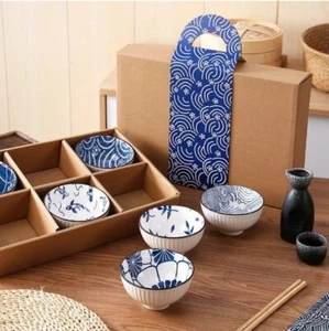 Japanese Blue Ramen Rice Bowl Ceramic Ramen Bowls Set of 6 Soup Noodle Bowls UK - Picture 1 of 4