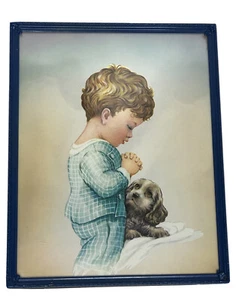 MCM Child Praying with Puppy Lithograph Print Donald Art Co Vintage Framed Mint - Picture 1 of 5