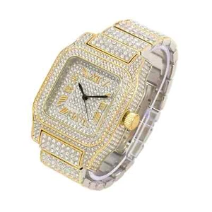 Techno Pave Men's 45mm Square Two Tone Diamond Watch - Roman Dial - Picture 1 of 4