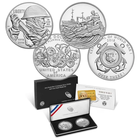 World War I Centennial 2018 Silver Dollar and Coast Guard Medal Set Cover