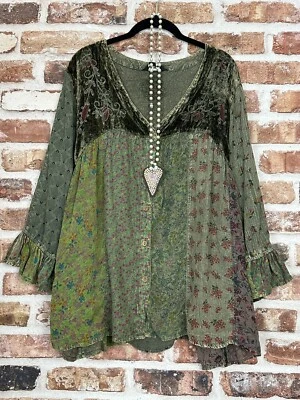 PLUS SZ Velvet Overdyed Patchwork Block Vintage EMBROIDERED Laced BOHO TUNIC TOP - Image 1 of 2
