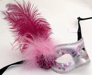 Brilliantina Pink and Silver Feather Masquerade Mask - Venetian Party Masque - Picture 1 of 7