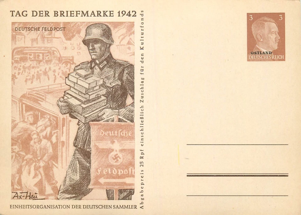 Tarjeta postal E0043 "Tag der Briefmarke" 1942 correo de campo alemán Segunda Guerra Mundial Foto 1 de 1