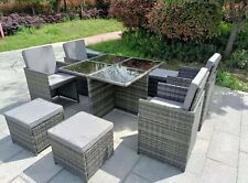 ETON RATTAN GARDEN 8 SEATER CUBE SET IN GREY - CUSHIONED SEATS, GLASS TABLETOPS