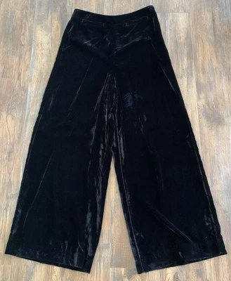 Anthropologie Wide Leg Velvet Pants Black 30" Inseam High Rise Side Zip Size 10 - Image 1 of 4