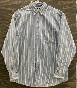 Vintage 90s GAP Striped Denim Button Shirt M Preppy Grunge Classic Blue Mens - Picture 1 of 7
