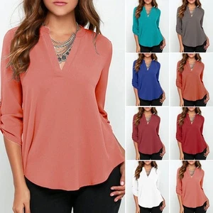 Shirt Women T Shirts Holiday Loose Solid V-neck Ladies Long Sleeve S-5XL - Picture 1 of 20