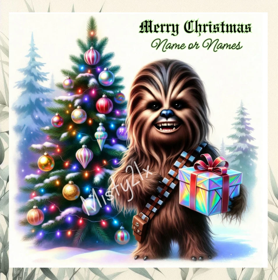 MISTY21X Personalised CHEWBACCA Greeting Card STAR WARS Christmas XMAS Holding Gift Chewy