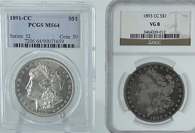 RARE-----1891-CC PCGS MS 64 Morgan Dollar & 1893-CC NGC VG8 Morgan Silver Dollar - Image 1 of 4