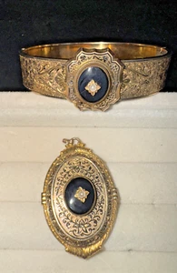 Antique PSCo Gold-Filled Bracelet & Pendant, Black Enamel, Seed Pearl Victorian - Picture 1 of 3