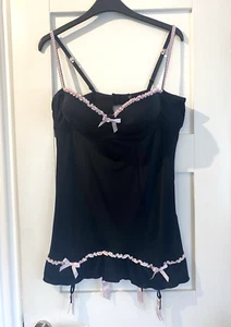 ANN SUMMERS Black Pink Bow Basque Corset with Suspenders Stretch XL / UK 18-22 - Picture 1 of 6
