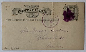 1879 MAINE POSTAL CARD WITH RARE BLOB PURPLE FANCY CANCEL AND POSTMARK