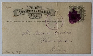 1879 MAINE POSTAL CARD WITH RARE BLOB PURPLE FANCY CANCEL AND POSTMARK - Picture 1 of 4