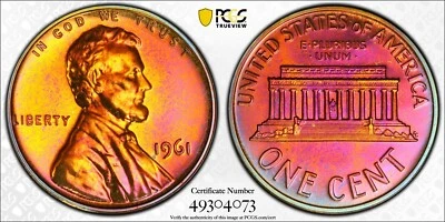 1961 Lincoln Memorial Cent NGC PF65 RB Deep Mirror Color Rainbow Toned - Image 1 of 4