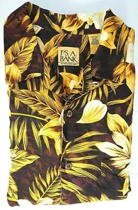 JOS A BANK Mens Size Large Black Yellow White Floral Silk Summer Hawaiian Shirt - Picture 1 of 9