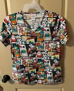 Christma Holiday Scrub Top Rudolph & Friends Multicolor S/S VNeck-Size Small NWT - Picture 1 of 5