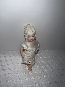 Approx 3” Vintage Porcelain Doll Cloth Body String Joined Arms/Legs In Long Gown - Bild 1 von 8