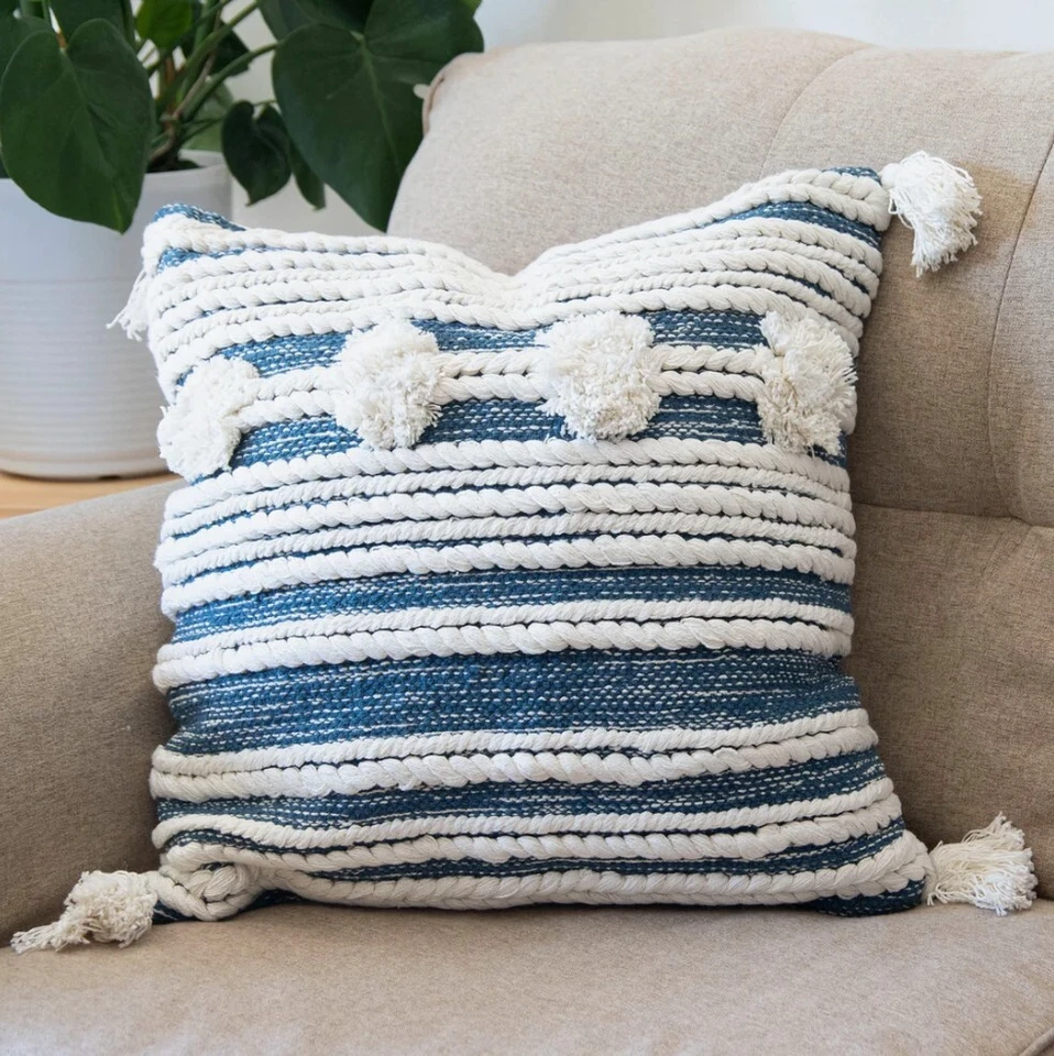 NEW! Set/2 Blue & White Accent Pillows w/Hand Tied Tassels Pom Poms & Fringe - Image 1 of 3