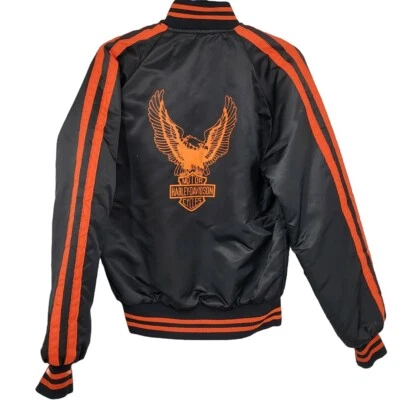 Chaqueta de carreras Harley Davidson vintage para mujer pequeña negra satinada con cremallera Eagle Foto 1 de 4