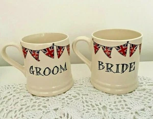 BRAND NEW Bride & Groom Mugs Cream with Union Jack Bunting Design - Picture 1 of 3