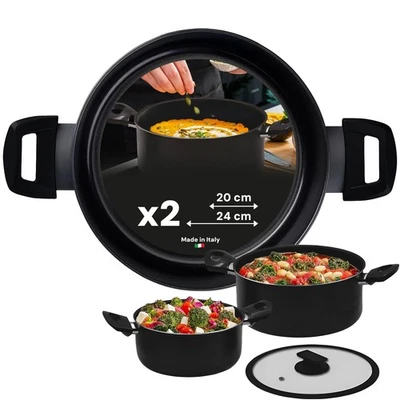 Avilia Set 2 Casseruole in Alluminio con Coperchio in Vetro 20/24cm Nero - JGDq - Immagine 1 di 4