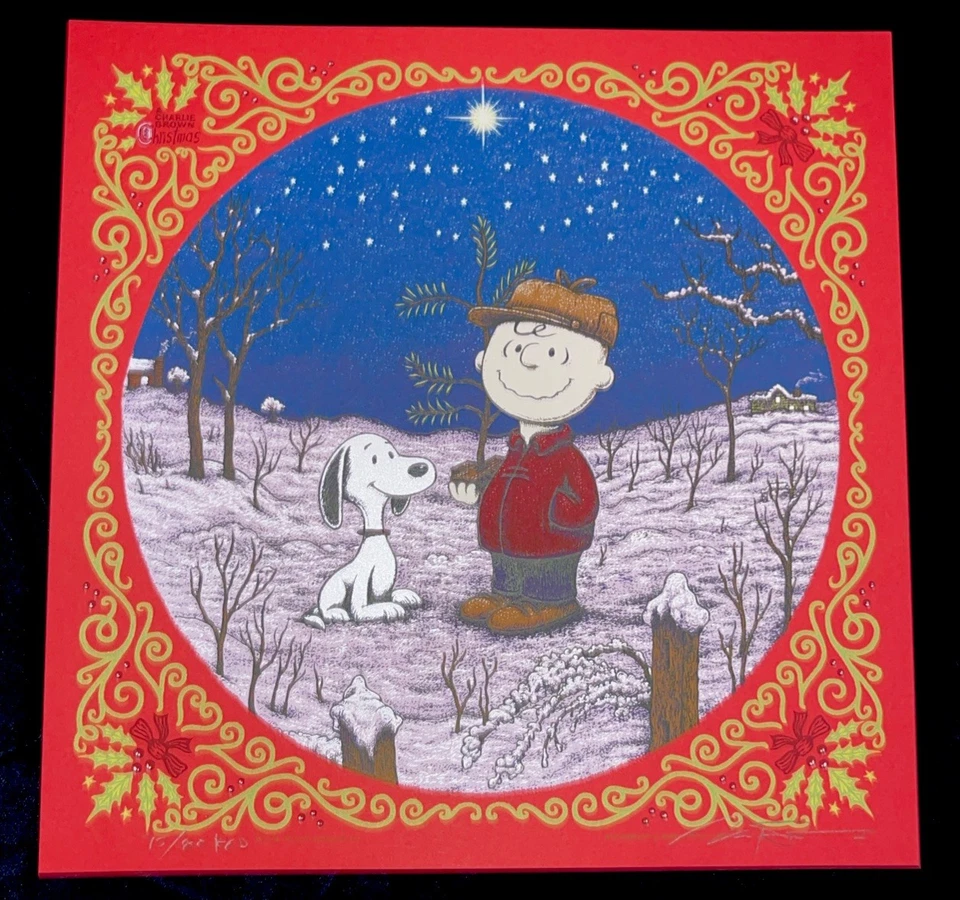 Marq Spusta 屏幕印花 "A Charlie Brown Christmas" 红色花生史努比 无瑕 — 第 1/4 张图片