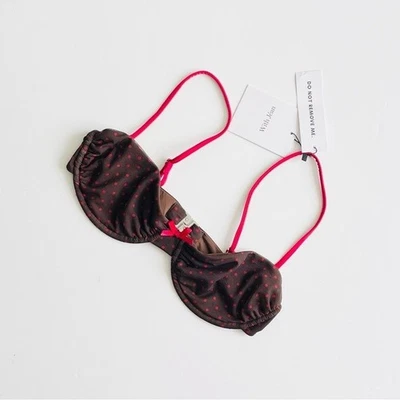 NUEVO CON ETIQUETAS Con Jean MEDIANO Jeanie con aros marrón rojo lunares natación bikini top Foto 1 de 4