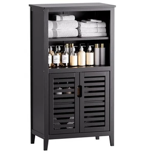 Black Bathroom Storage Cabinet, Freestanding Bamboo Floor Cabinet 5 Tier Tall... - Picture 1 of 9