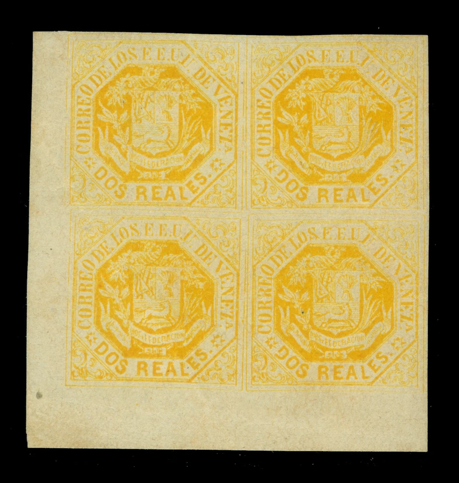 VENEZUELA 1865  Coat of Arms  2r yellow Scott  21  mint sheet corner BLOCK of 4 - Image 1 of 2
