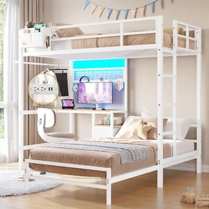 Twin Over Twin Size Bunk Bed with Desk Charging Station Led Lights Drawers White - Picture 1 of 8