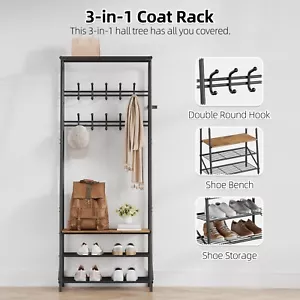 Home Entryway Coat Rack Shoe Storage Bench Hall Tree Bench With Hooks & Top Bar - Picture 1 of 5