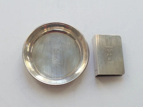 Pair Sterling Silver Individual Match Book Covers & Ashtrays, Art Deco, 60 Grams Cover