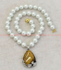 Genuine 8mm White South Sea Shell Pearl Yellow Tiger's Eye Pendant Necklace 18"