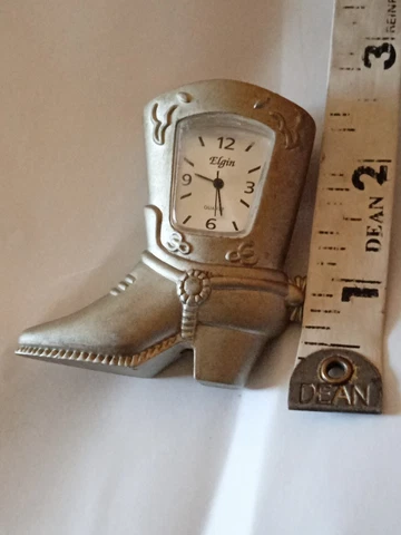 Elgin Solid metal Small Desk Clock Needs battery Heavyweight Cowboy Western Boot Cover