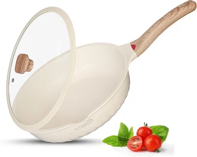 28cm White Deep Non Stick Frying Pan with Lid  3in1 Skillet Sauté Pan & Mini Wok - Image 1 of 4