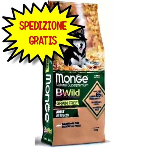 MONGE CANE CROCCHETTA BWILD GRAIN FREE ALL BREEDS ADULTO SALMONE E PISELLI 12 KG - Immagine 1 di 1