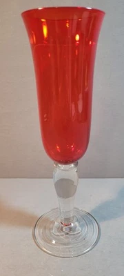 VTG Ruby Red Hand Blown Glass 9" Footed Champagne Flute Red Ring on Stem Bottom - Image 1 of 4