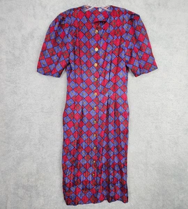 Vestido de seda vintage años 80 S M rojo a cuadros decorativo abotonable manga corta cambio - Imagen 1 de 19