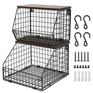 2pcs Draht stapelbar Körbe Küche Obst Korb Wand Drahtkörbe mit Holzdeckel Metall - Bild 1 von 9