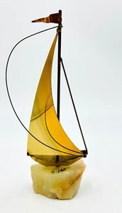 Brass Copper 9” Sailboat Sculpture Onyx Base Signed by DeMott 1975 - Picture 1 of 11