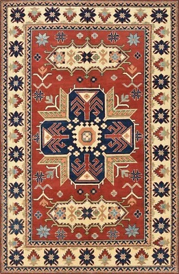 Kazak Rug 6’1” x 9’3” Red Wool Tribal Geometric Hand-Knotted Oriental Carpet - Image 1 of 4