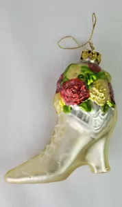 Christmas Ornament Glass Shoe Floral and Sparkly 4" - Picture 1 of 6