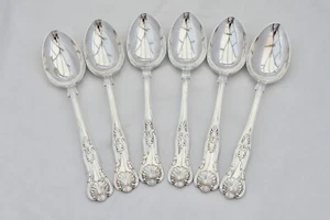 RARE SET of 6 QE II HM STERLING SILVER KINGS PATTERN DESSERT SPOONS 1969 - Picture 1 of 10