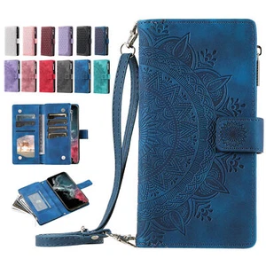 Strap Zipper Totem Grid Wallet Phone Case For Samsung S24 S23 S22 S21 S20 S10 S9 - Picture 1 of 57