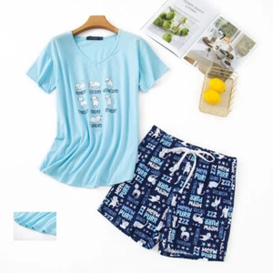 Women Comfy Pajama Set Cartoon Print Top and Shorts Sleepwear Cotton Nightwear - Picture 1 of 77
