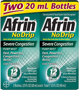 Afrin No Drip 12-Hour Pump Mist, Severe Congestion - 2 Pumps Each 2/3 Oz - Tota