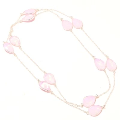 Collar de joyería de cadena de regalo étnico hecho a mano con piedras preciosas de ópalo lechoso rosa 36" SR 3239 Foto 1 de 4